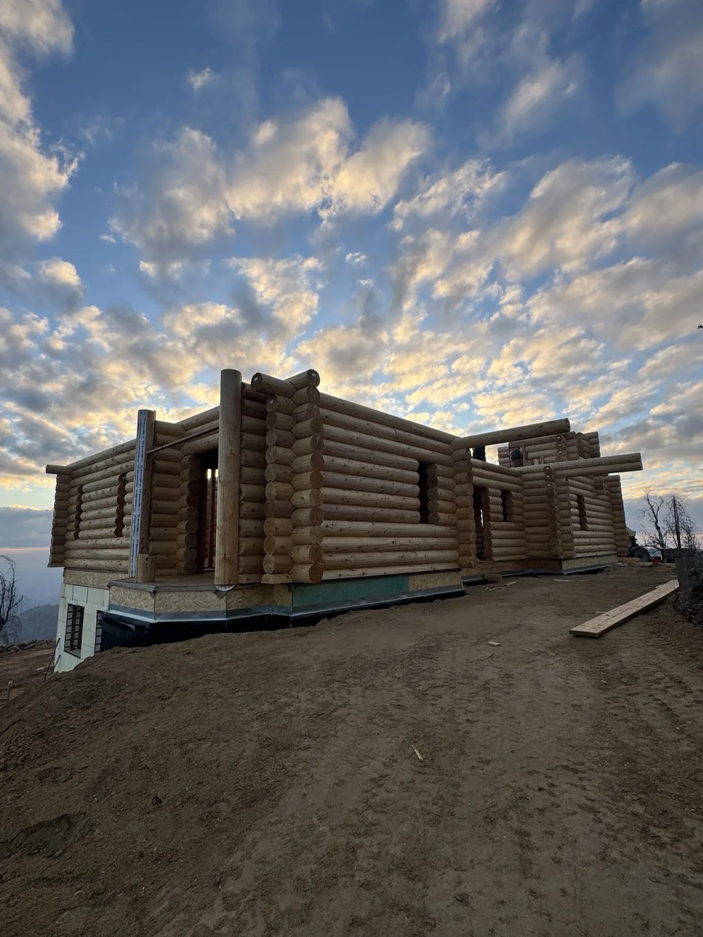 Framed log home walls under a partly cloudy sky surrounded by tall pines